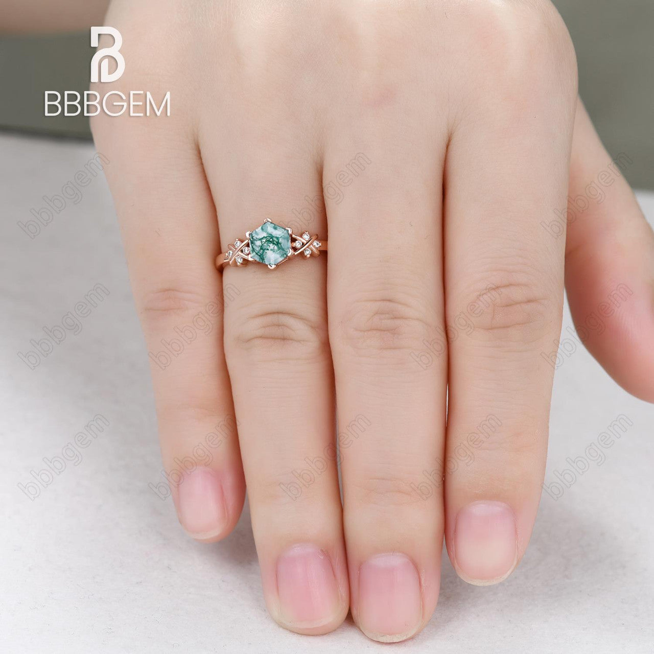 Rose Gold Hexagon Cut Moss Agate Side Stones Engagement Ring