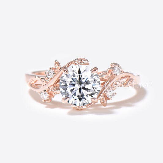 Round Lab Grown Diamond Engagement Ring 14K Rose Gold Leaf Vine Diamond Ring
