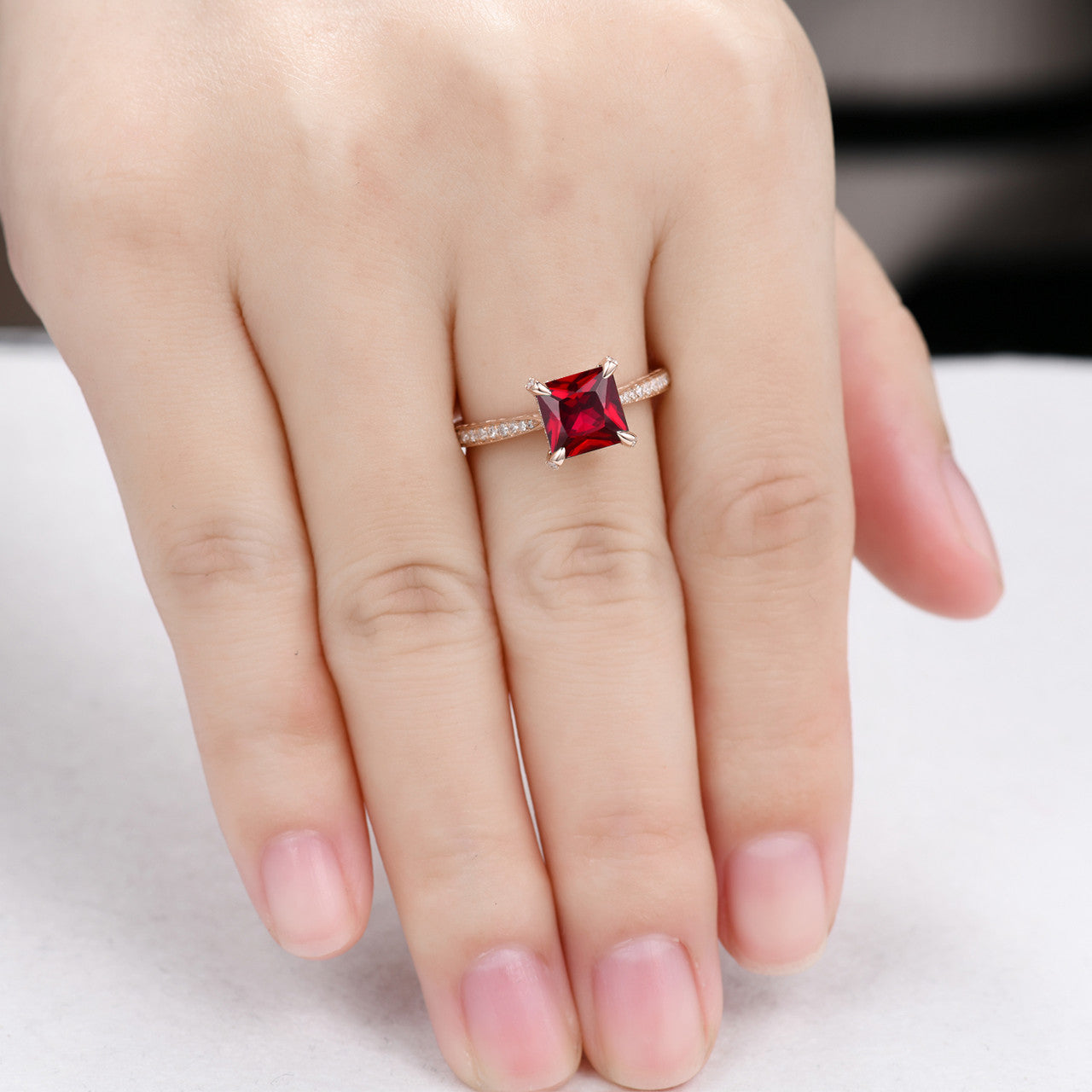 natural garnet Princess Cut 7mm Diamond Engagement Ring-cathedral ring with princess garnet