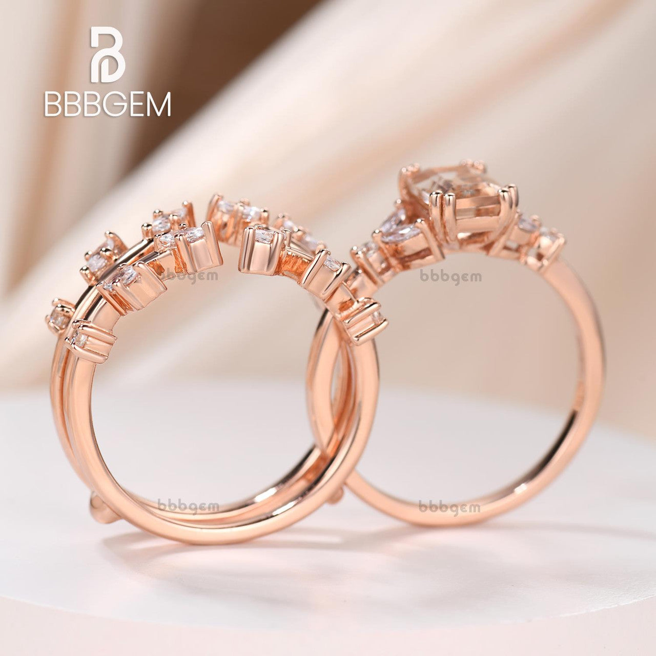 nature inspired morganite ring set with double vine leaf ring band-marquise diamond nested stacking band 