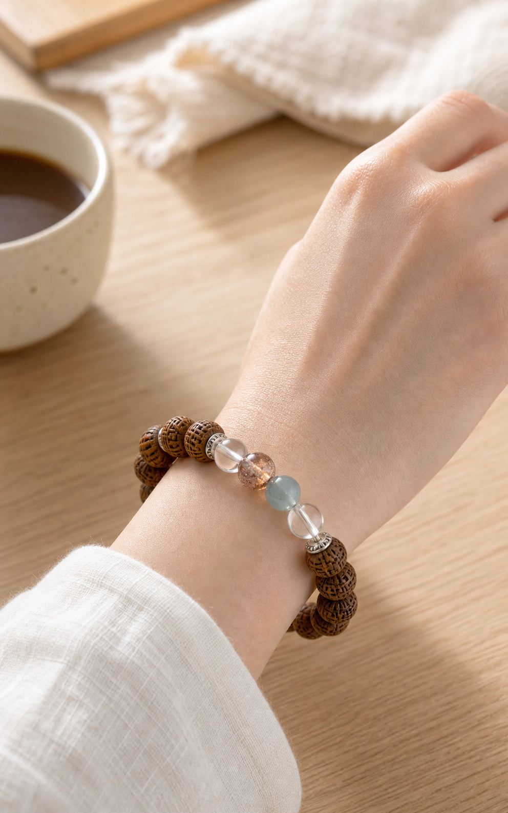 Osmanthus Scent Double Happiness Bead Bracelet worn on wrist