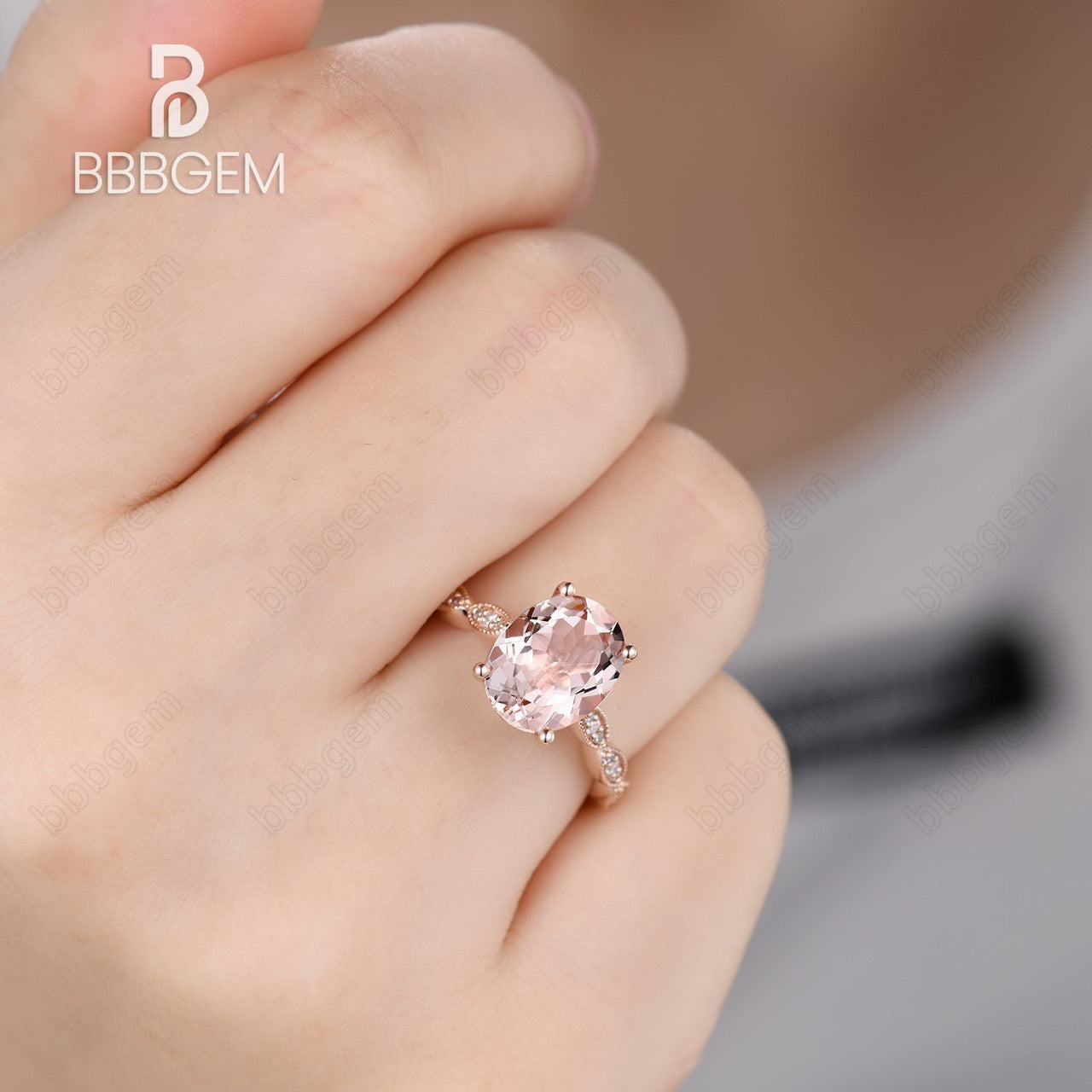 peach morganite wedding ring set-oval morganite solitaire engagement ring 14k rose gold-bbbgem morganite statement ring