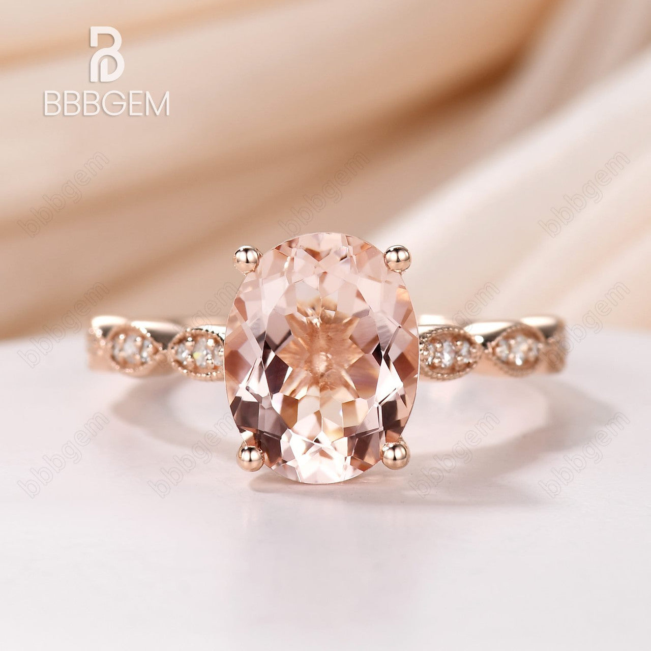 peach morganite wedding ring set-oval morganite solitaire engagement ring 14k rose gold-bbbgem morganite statement ring