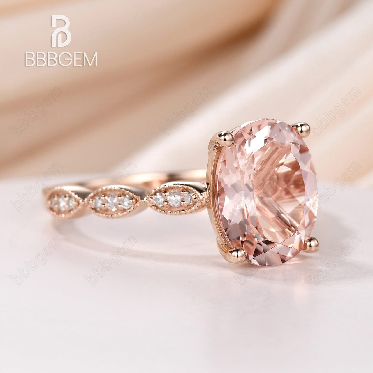 peach morganite wedding ring set-oval morganite solitaire engagement ring 14k rose gold-bbbgem morganite statement ring