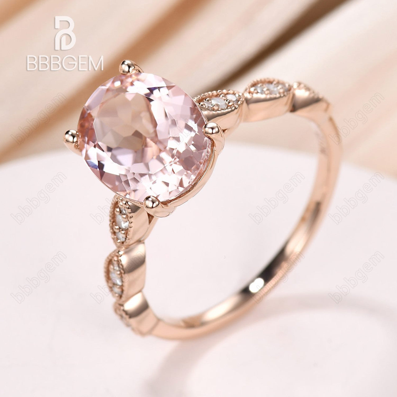 peach morganite wedding ring set-oval morganite solitaire engagement ring 14k rose gold-bbbgem morganite statement ring