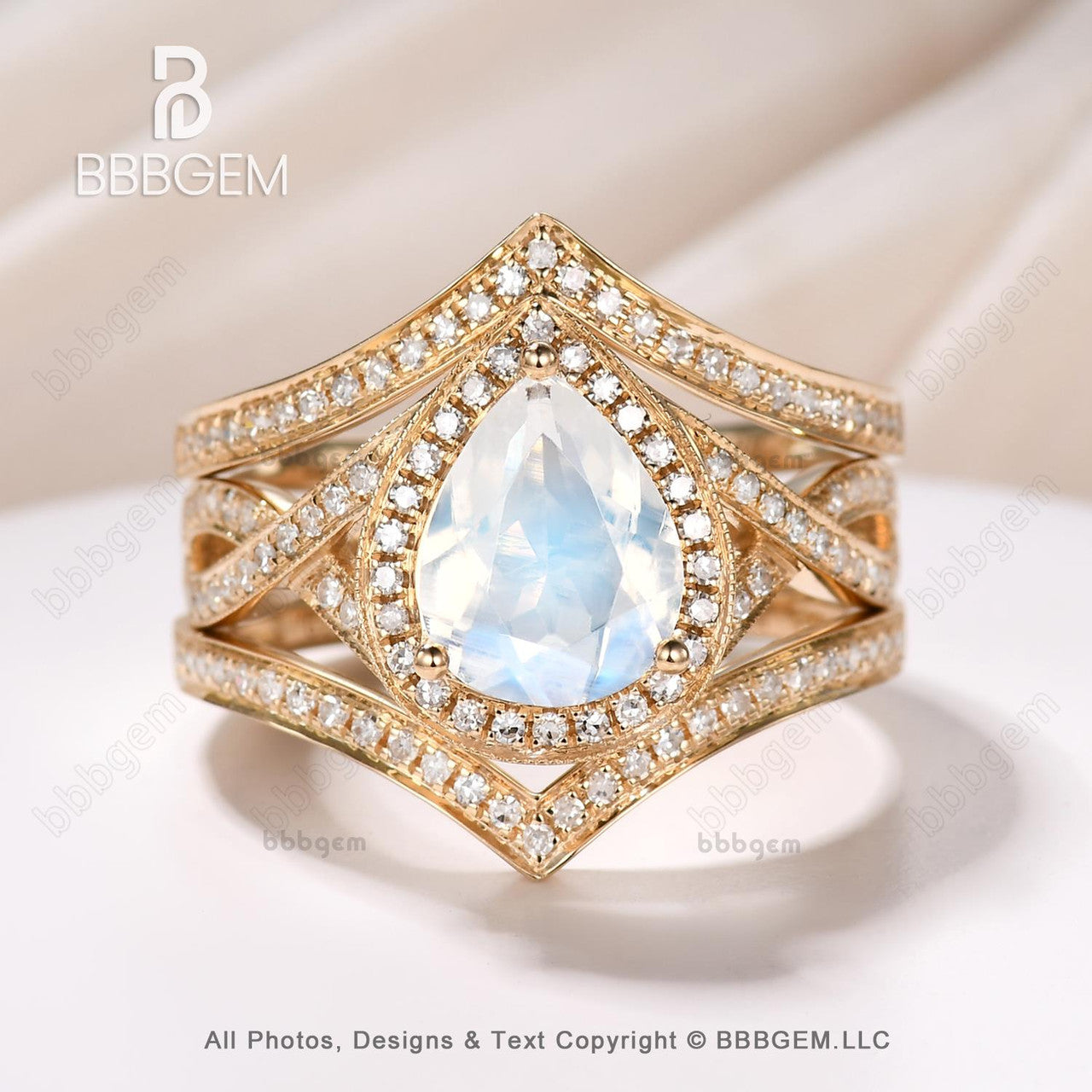 pear moonstone yellow gold ring set 3pcs-halo natural moonstone halo infinity ring set-moonstone cocktail ring set 3pcs-bbbgem
