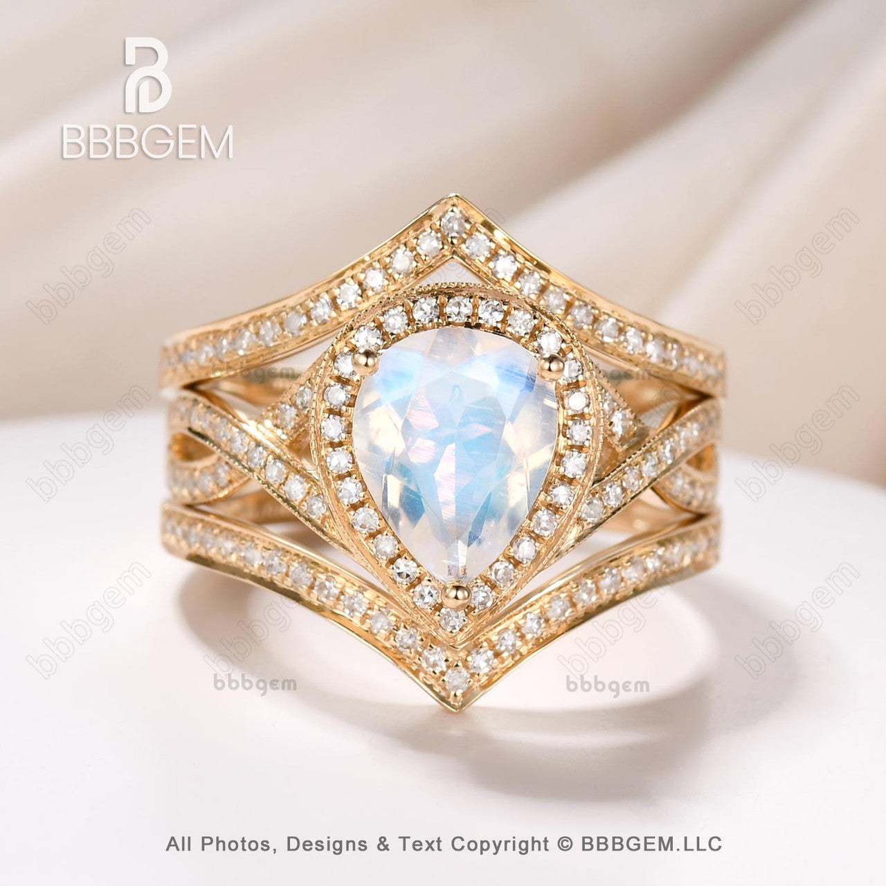 pear moonstone yellow gold ring set 3pcs-halo natural moonstone halo infinity ring set-moonstone cocktail ring set 3pcs-bbbgem