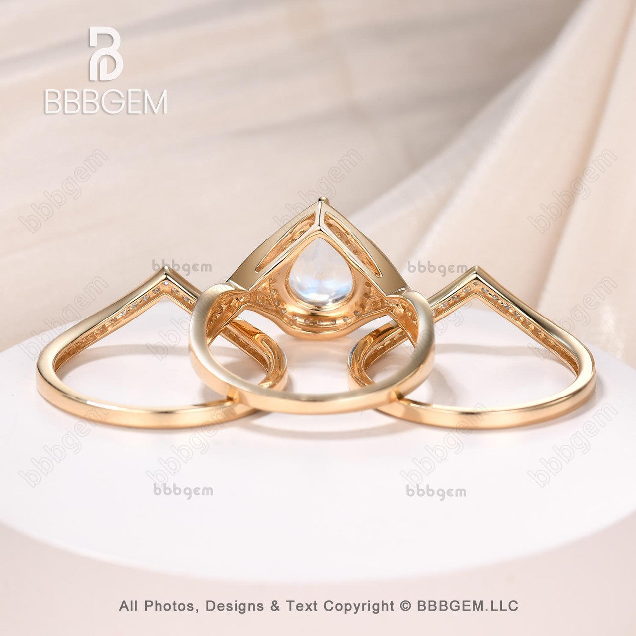pear moonstone yellow gold ring set 3pcs-halo natural moonstone halo infinity ring set-moonstone cocktail ring set 3pcs-bbbgem