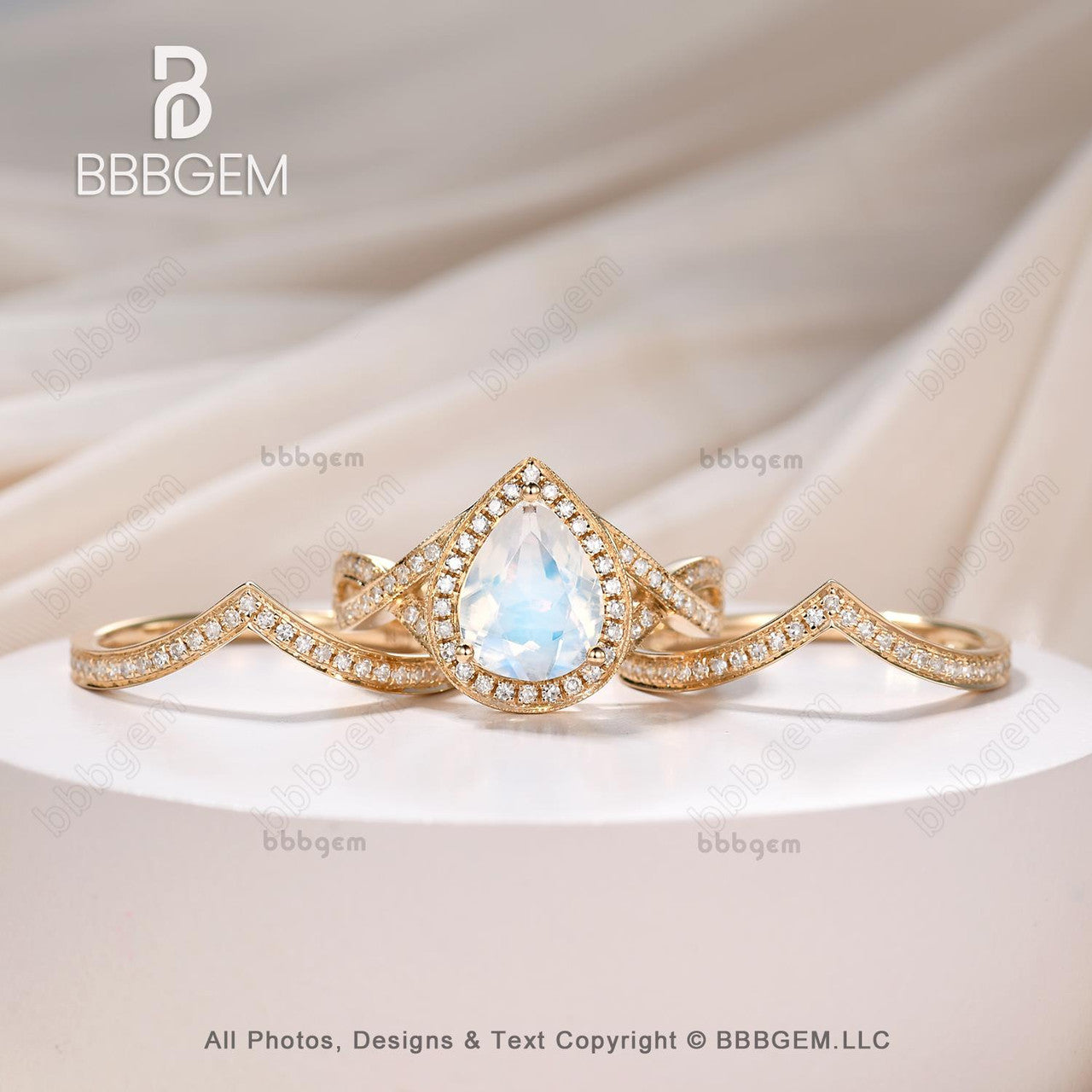 pear moonstone yellow gold ring set 3pcs-halo natural moonstone halo infinity ring set-moonstone cocktail ring set 3pcs-bbbgem