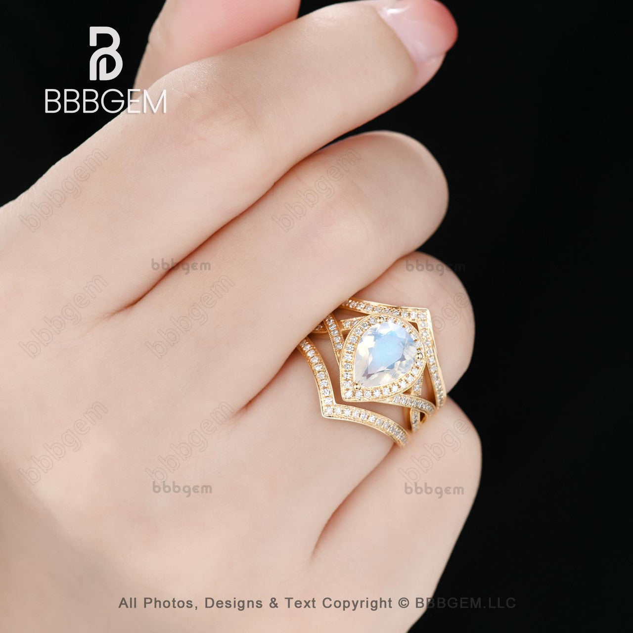pear moonstone yellow gold ring set 3pcs-halo natural moonstone halo infinity ring set-moonstone cocktail ring set 3pcs-bbbgem