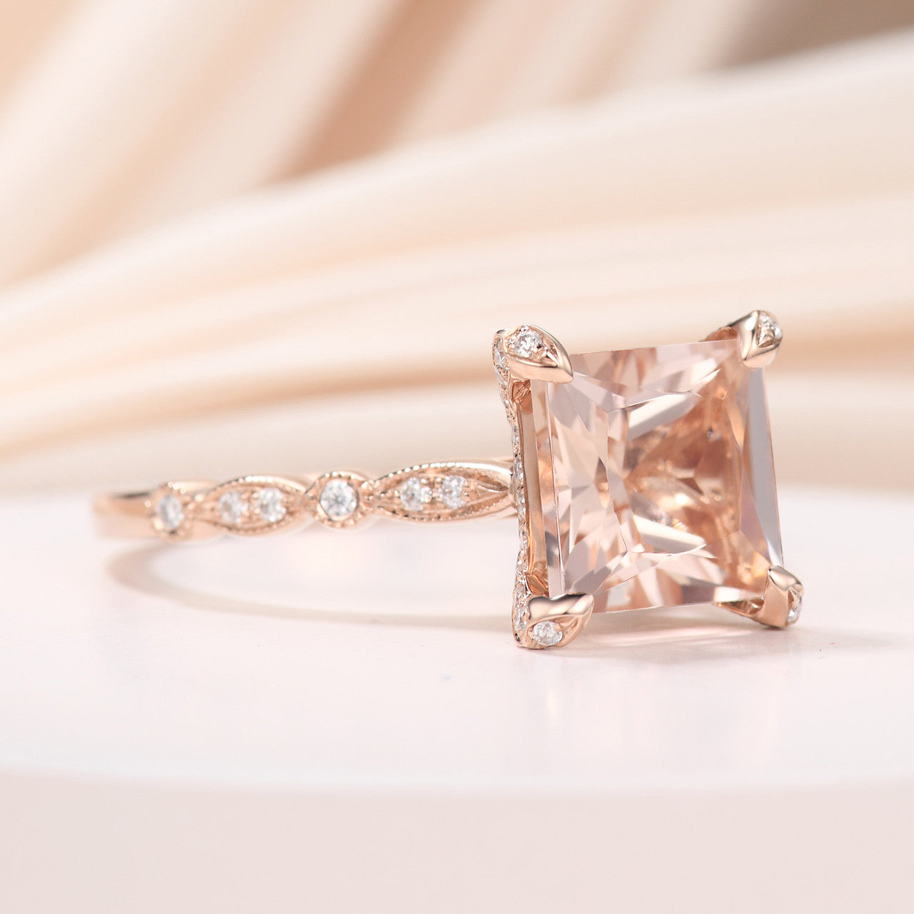 princess cut morganite engagement ring-diamond halo morganite ring
