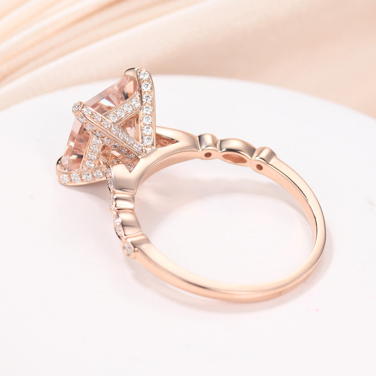 Princess 8mm Natural Morganite & Diamond Hidden Halo Wedding Ring in Rose Gold