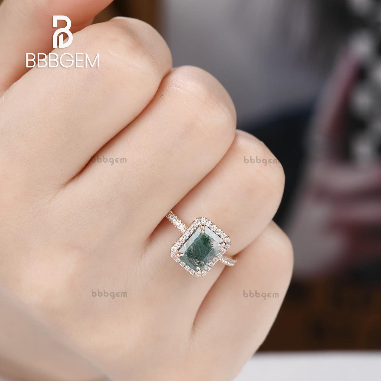 rose gold emerald cut moss agate enagegment ring-diamond halo emerald moss green agate wedding ring-bbbgem moss agate diamong halo ring