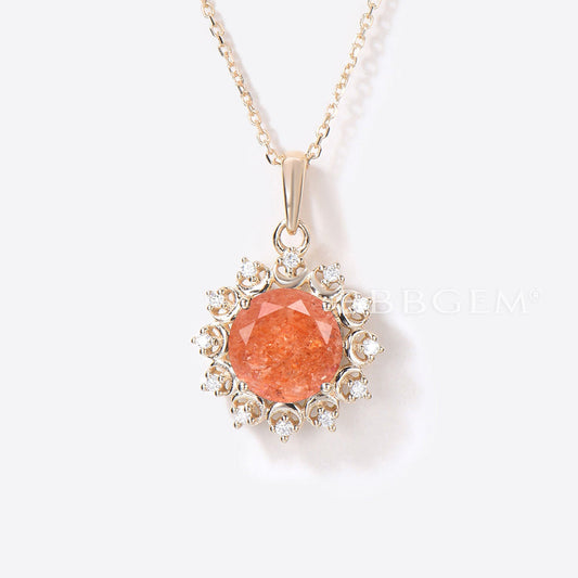 Solid Gold Round Sunstone Necklace Celestial Moon Halo Diamond Pendant