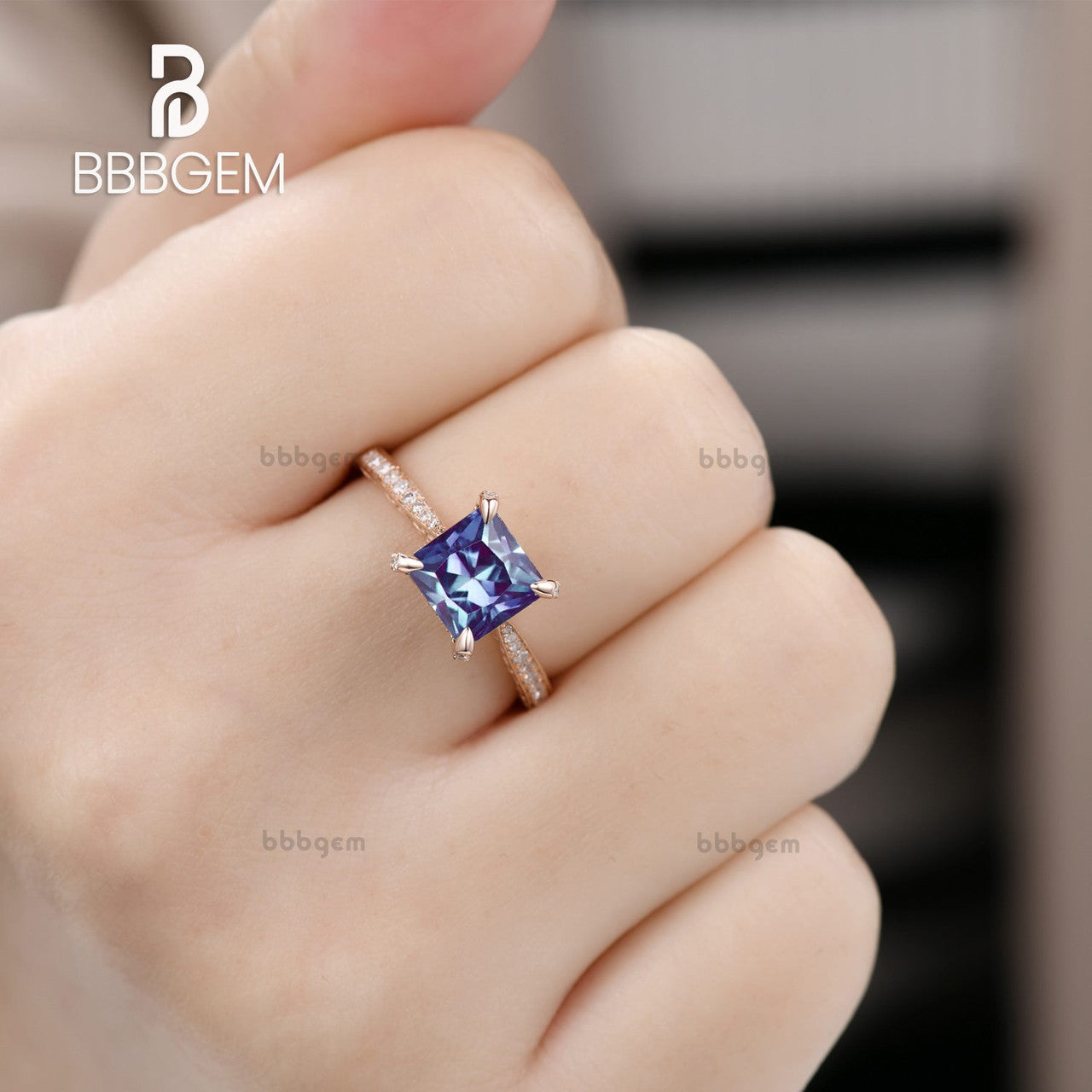 solitaire alexandrite princess cut engagement ring-hidden halo process cut alexandrite wedding ring rose gold