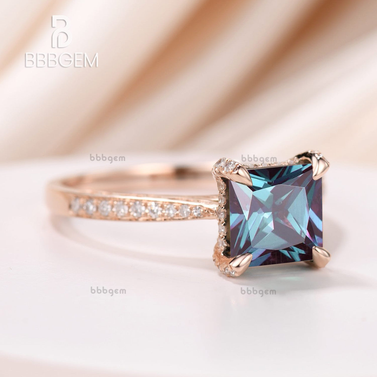 solitaire alexandrite princess cut engagement ring-hidden halo process cut alexandrite wedding ring rose gold