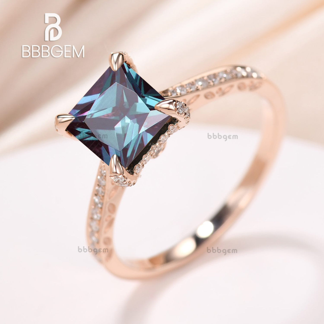 solitaire alexandrite princess cut engagement ring-hidden halo process cut alexandrite wedding ring rose gold