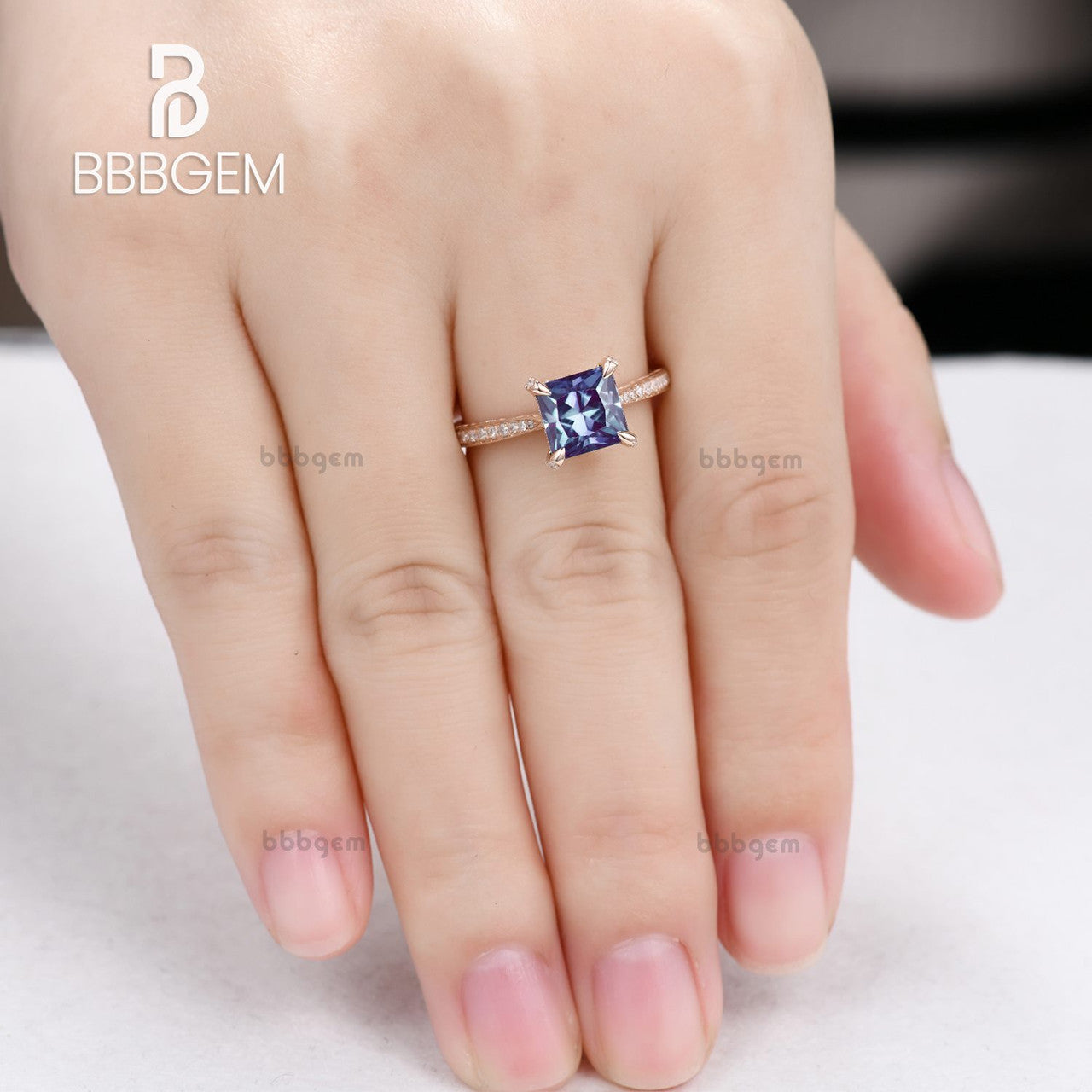 solitaire alexandrite princess cut engagement ring-hidden halo process cut alexandrite wedding ring rose gold