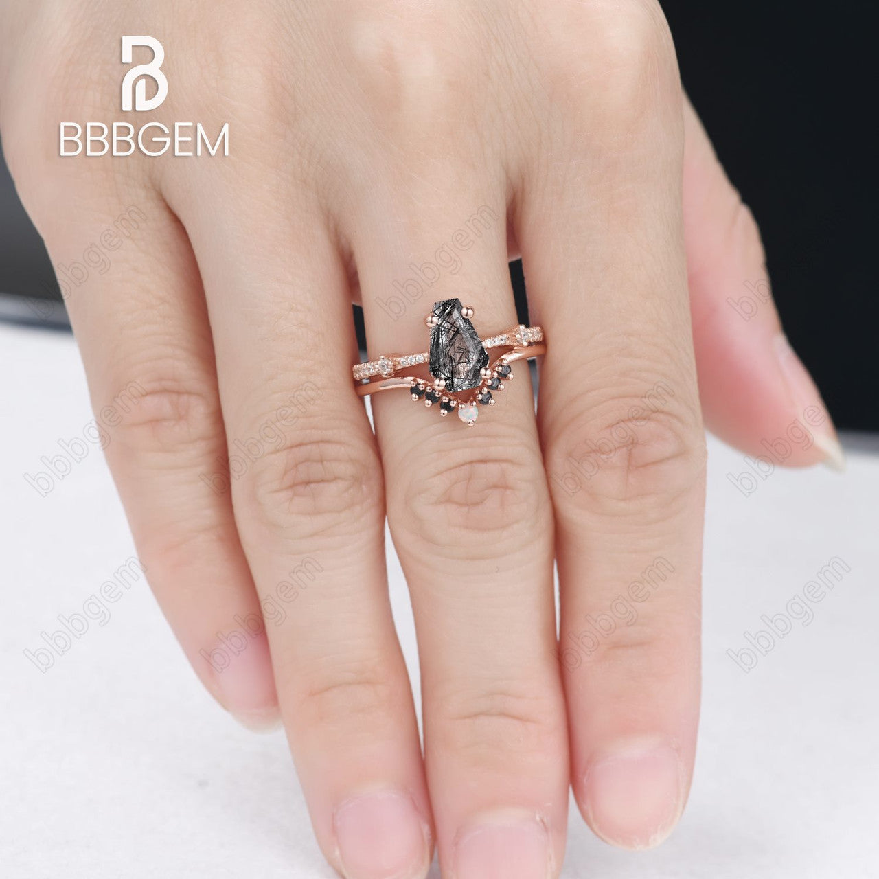 three stone black tourmaline coffin ring set-coffin cut black rutilated quartz wedding ring set-coffin statement ring black quuartz-bbbgem jewelry 