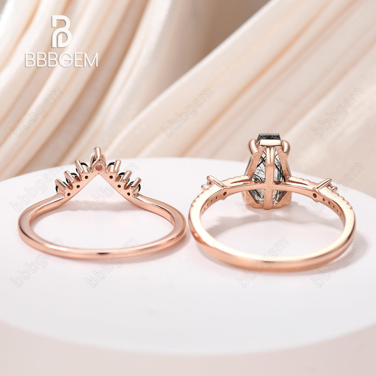 three stone black tourmaline coffin ring set-coffin cut black rutilated quartz wedding ring set-coffin statement ring black quuartz-bbbgem jewelry 