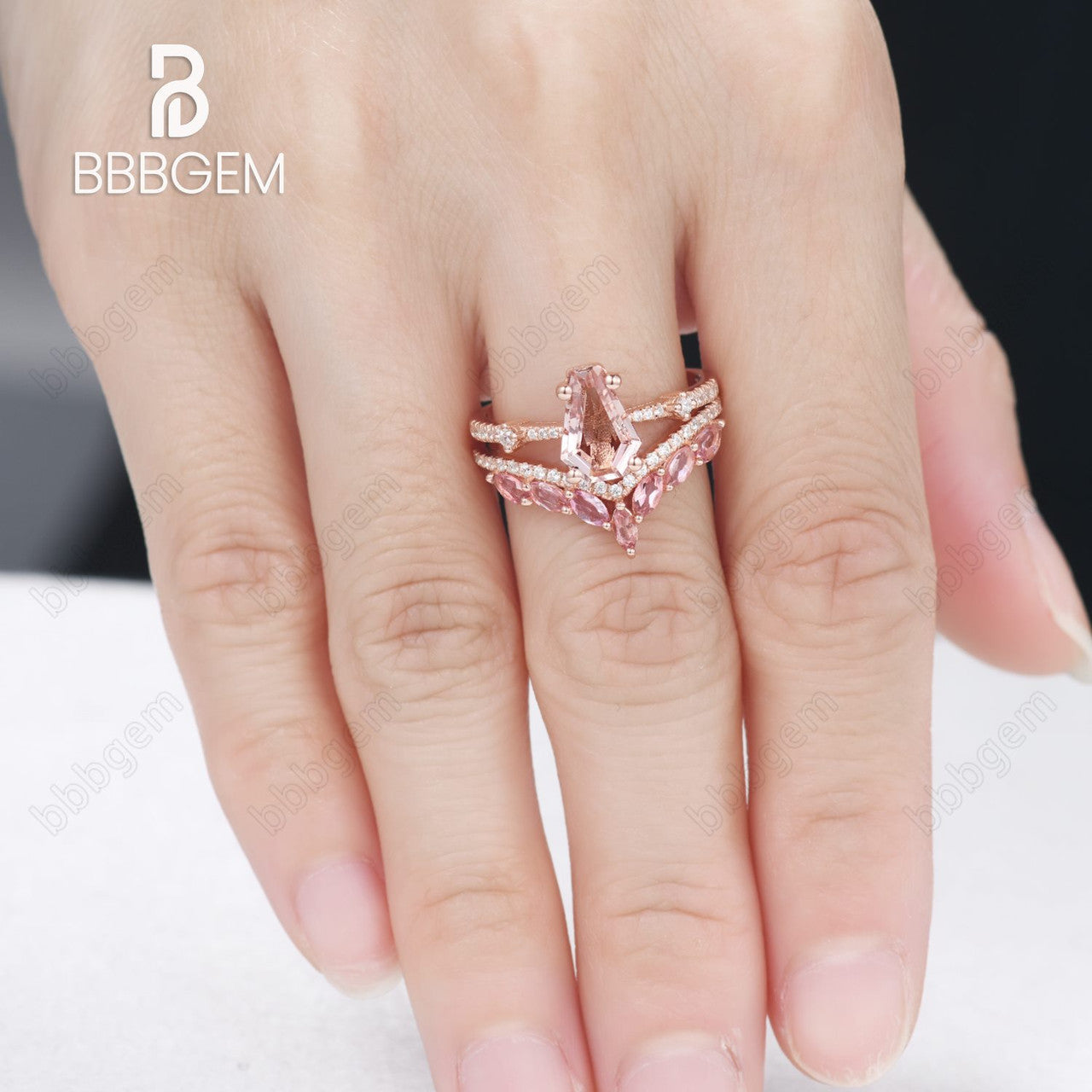 vintage coffin morganite pink sapphire ring set-natural morganite sapphire coffin cut ring set-bbbgem women morganite engagement ring set 