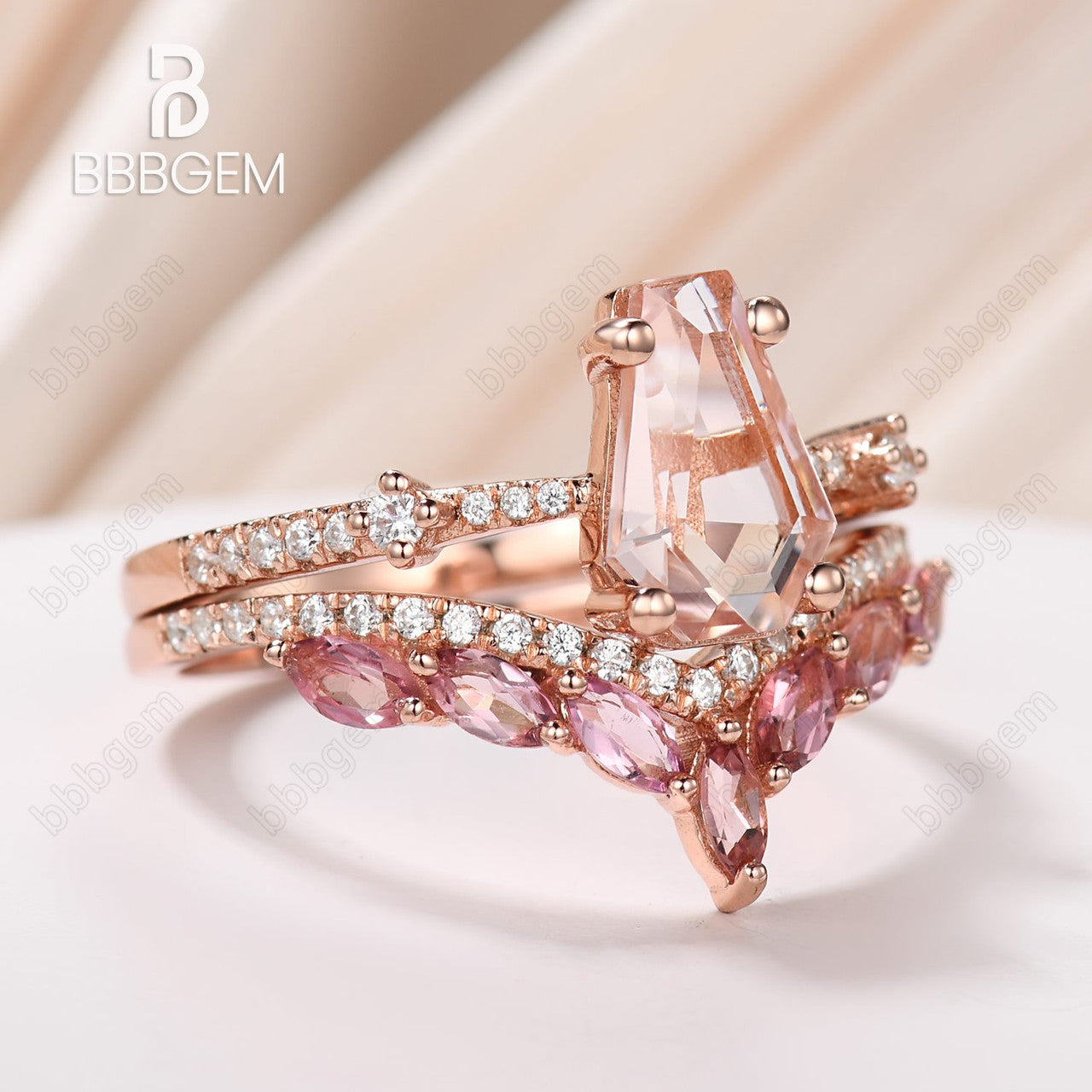 vintage coffin morganite pink sapphire ring set-natural morganite sapphire coffin cut ring set-bbbgem women morganite engagement ring set 