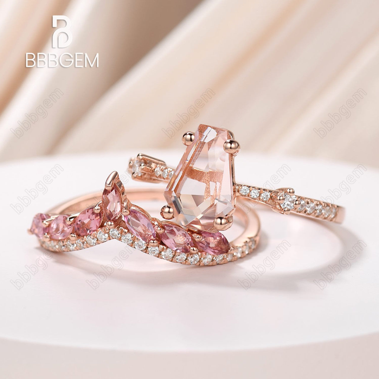vintage coffin morganite pink sapphire ring set-natural morganite sapphire coffin cut ring set-bbbgem women morganite engagement ring set 