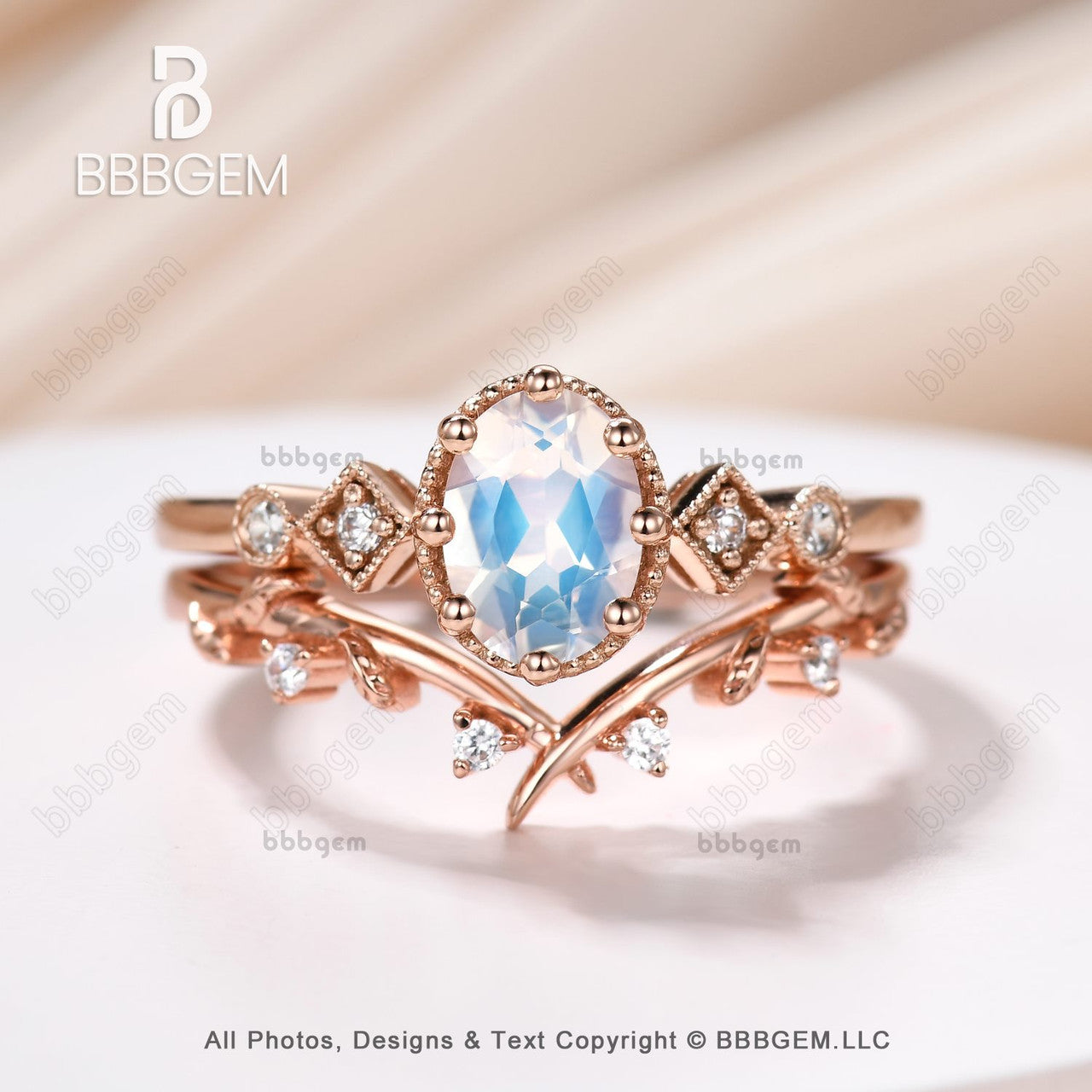 vintage oval moonstone engagement ring set-three stone oval moonstone promise ring rose gold -bbbgem