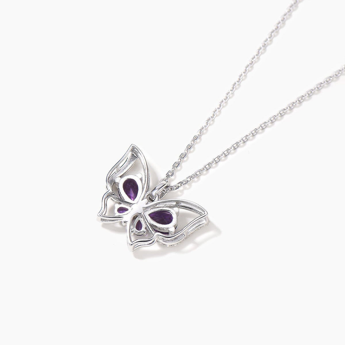 Pear-Cut Amethyst Butterfly Necklace in Sterling Silver — back view