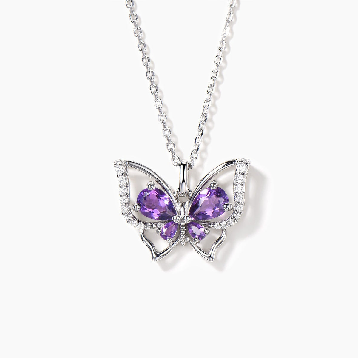 Pear-Cut Amethyst Butterfly Necklace in Sterling Silver — front view