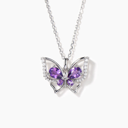 Pear-Cut Amethyst Butterfly Necklace in Sterling Silver — front view