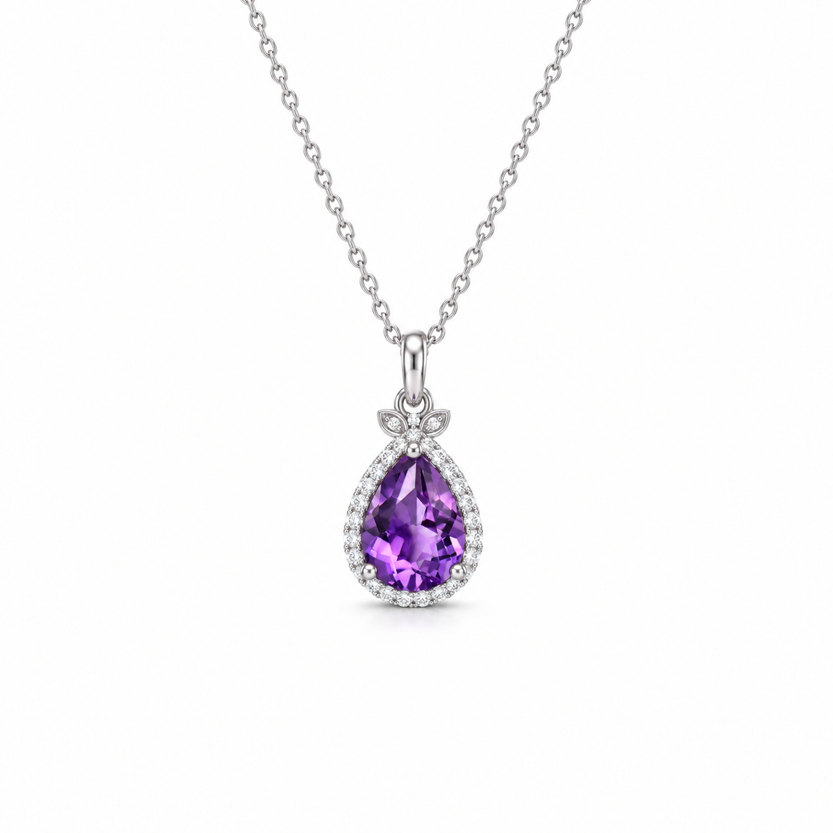 01 amethyst teardrop halo sterling silver necklace front view on white