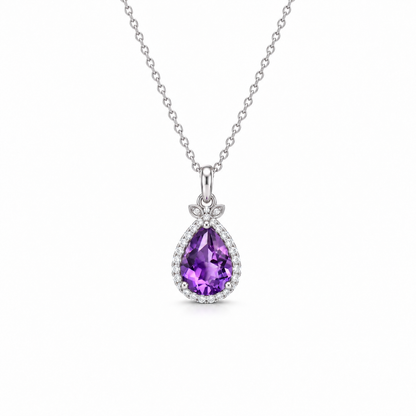 01 amethyst teardrop halo sterling silver necklace front view on white