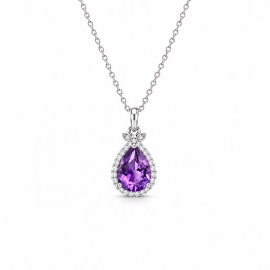 01 amethyst teardrop halo sterling silver necklace front view on white