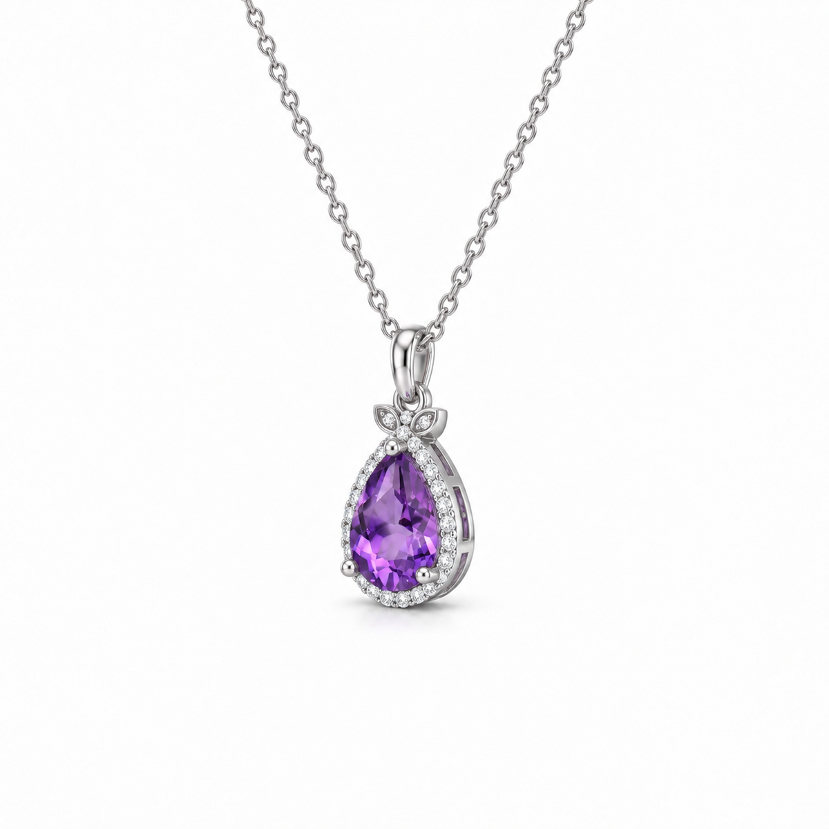 01 amethyst teardrop halo sterling silver necklace side view on white