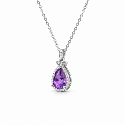 01 amethyst teardrop halo sterling silver necklace side view on white