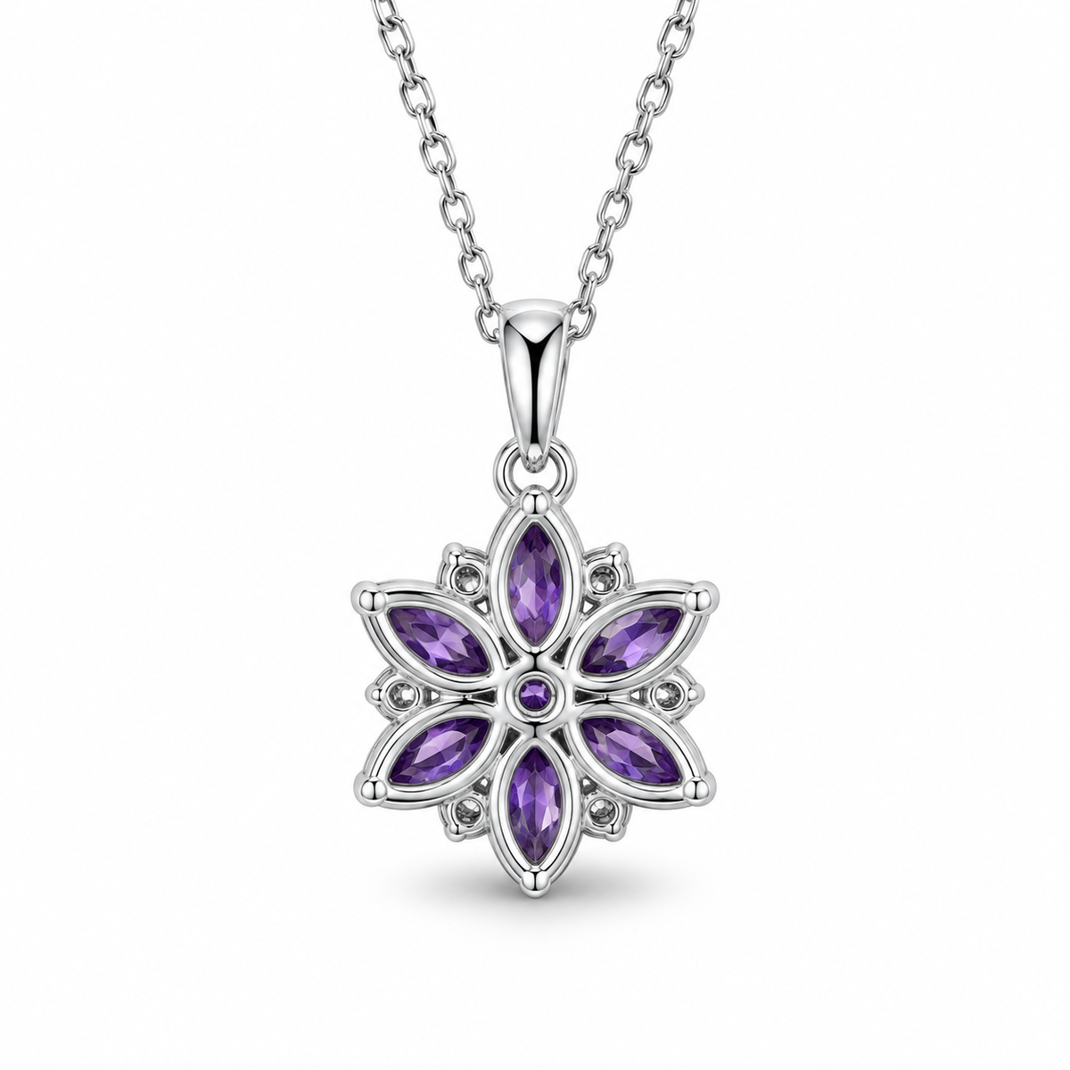 Marquise Amethyst Floral Necklace in Sterling Silver — back view