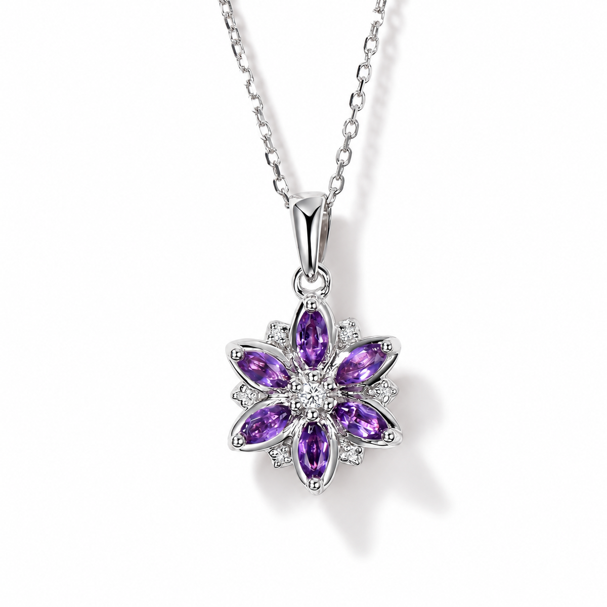 Marquise Amethyst Floral Necklace in Sterling Silver — front view