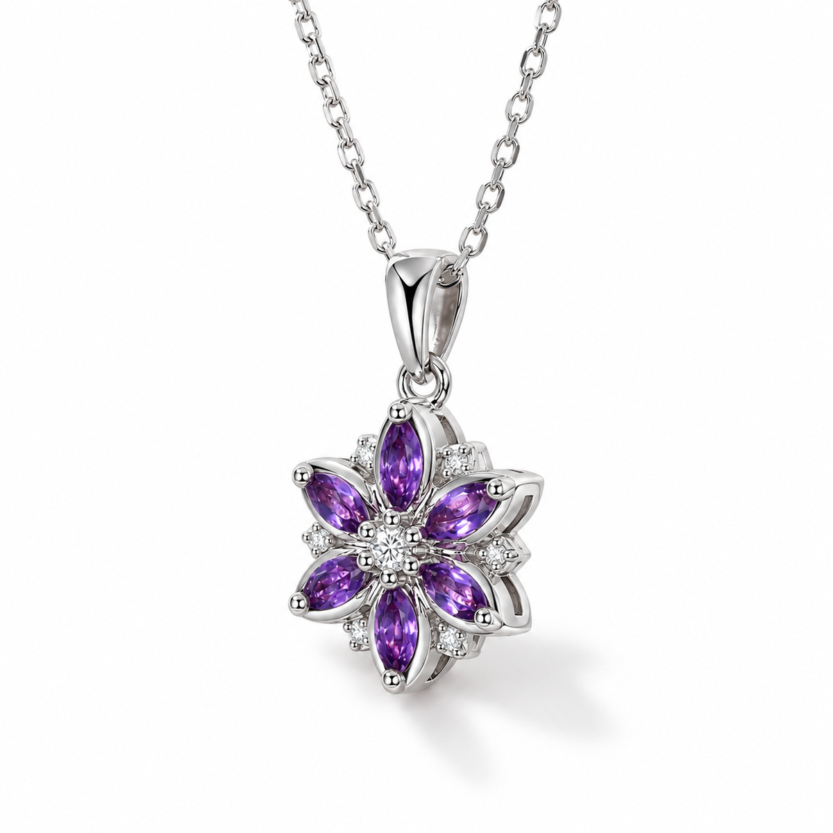 Marquise Amethyst Floral Necklace in Sterling Silver — side view