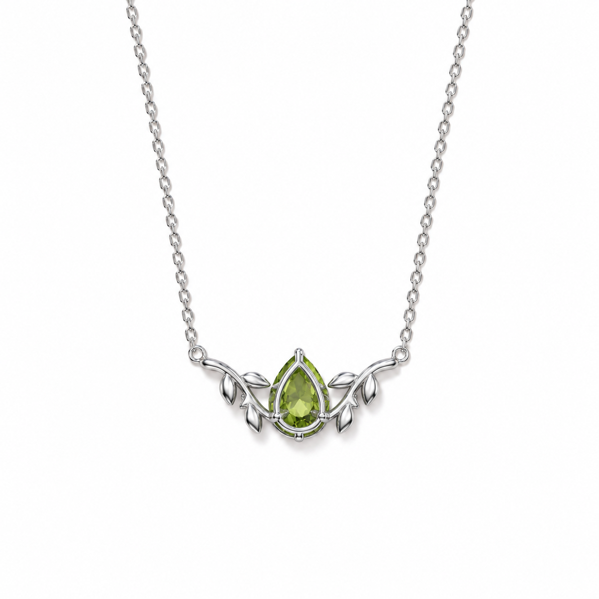 02 peridot teardrop vine sterling silver necklace back view on white