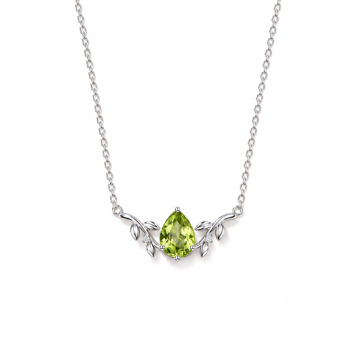 02 peridot teardrop vine sterling silver necklace front view on white