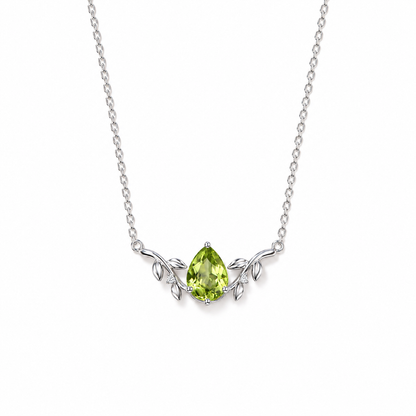 02 peridot teardrop vine sterling silver necklace front view on white