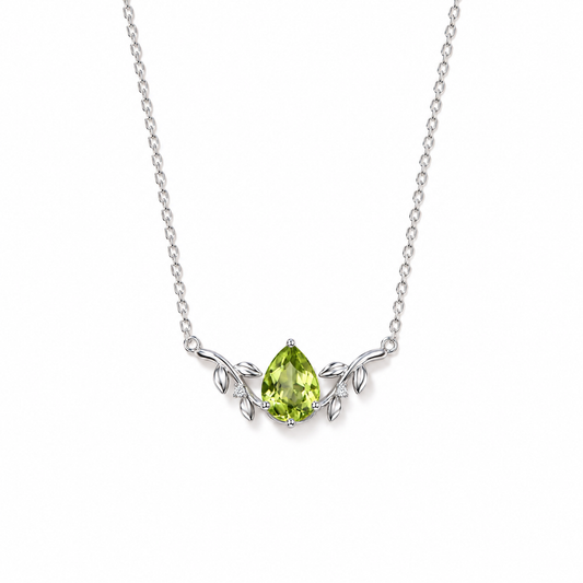 02 peridot teardrop vine sterling silver necklace front view on white