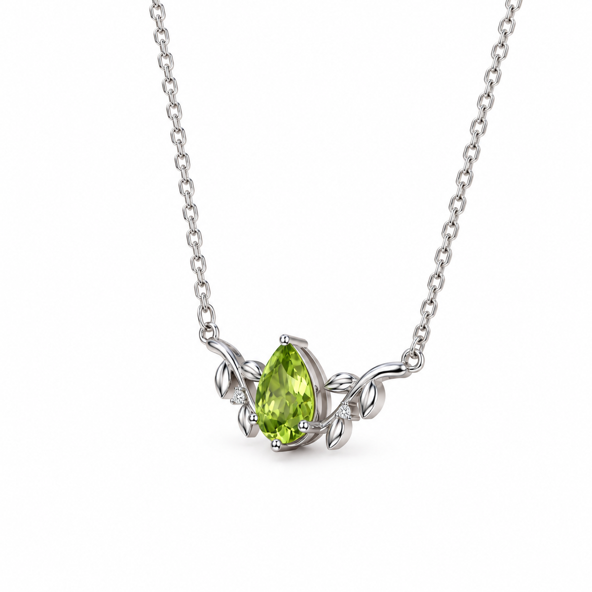 02 peridot teardrop vine sterling silver necklace side view on white