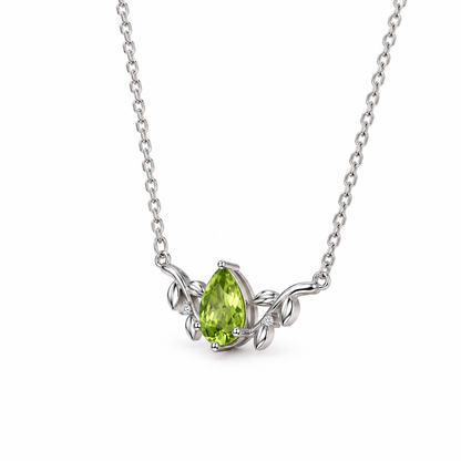 02 peridot teardrop vine sterling silver necklace side view on white
