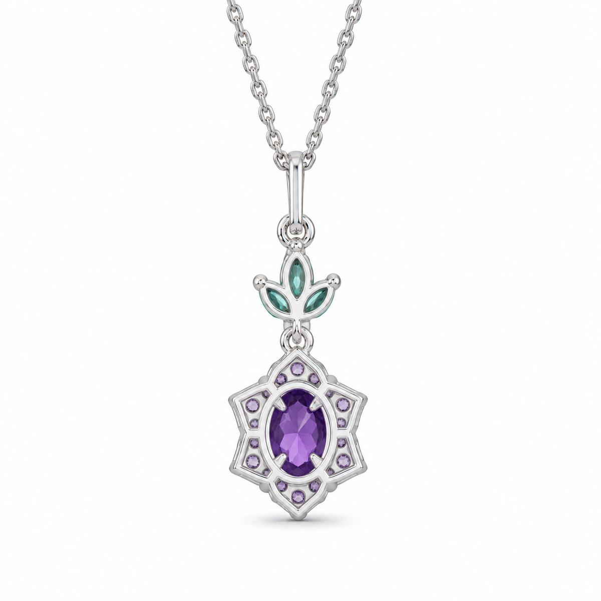 Oval Amethyst Star Halo Necklace in Sterling Silver — back view