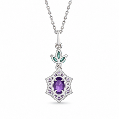Oval Amethyst Star Halo Necklace in Sterling Silver — back view