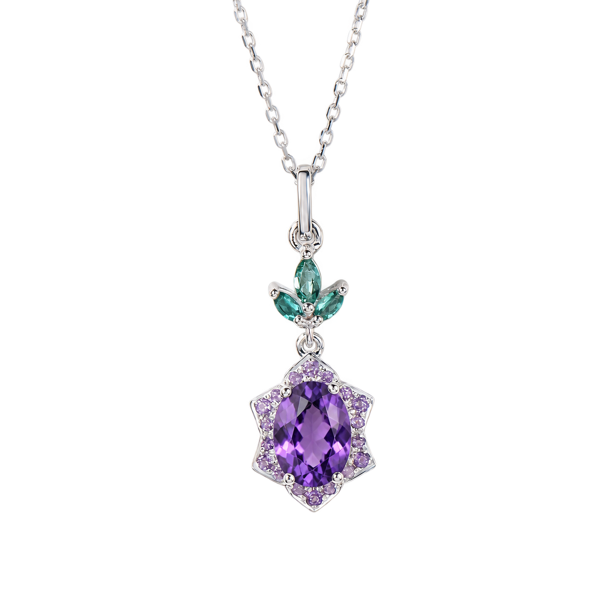 Oval Amethyst Star Halo Necklace in Sterling Silver — front view