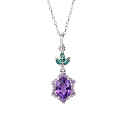 Oval Amethyst Star Halo Necklace in Sterling Silver — front view