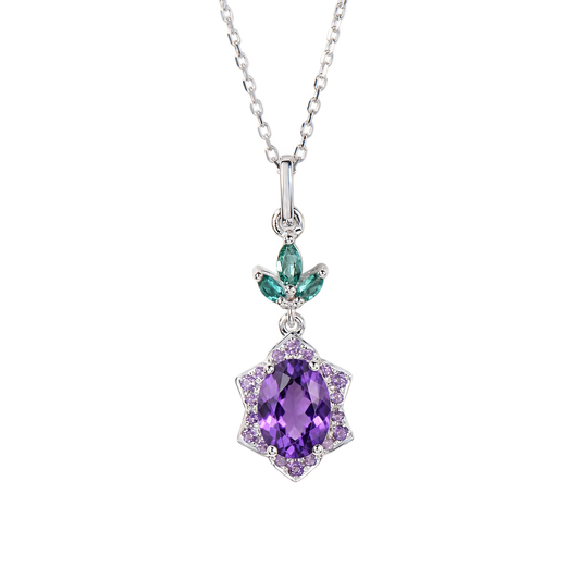 Oval Amethyst Star Halo Necklace in Sterling Silver — front view